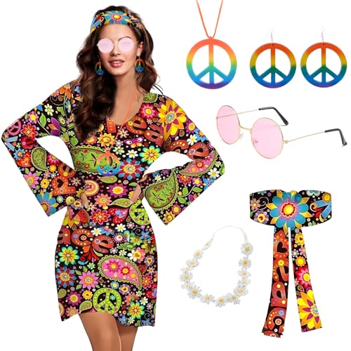 RoserRose 70er Jahre Outfit Damen Hippie Kleidung, Hippie Kostüm Damen Hippie Kleid, mit Hippie Brille Haarband Blumengirlande Halskette Ohrringe,...