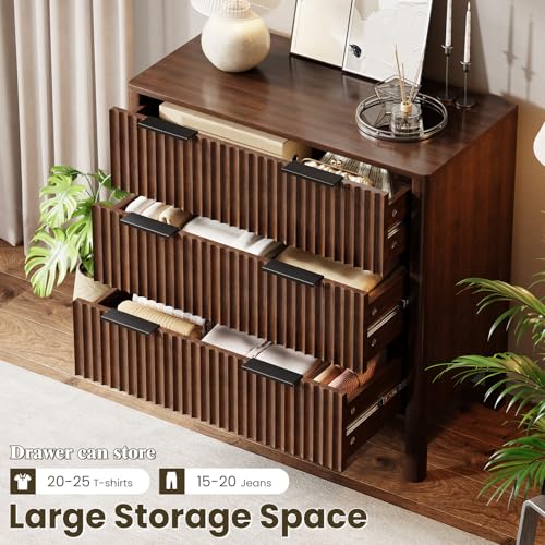 Image of 31 inch Wide Fluted 3 Drawer Dresser for Bedroom, Wooden Dresser Modern Chest of Drawers End Table Dressers with Organizer Storage for Bedroom, Living Room, Entryway, Walnut
