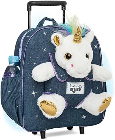Naturally KIDS Unicorn Backpack - 3 5 Year Old Girl Gifts - Kids Suitcase for Girls Boy w Stuffed Animal - Toys for 5 7 Year Old Girls - w Pockets & Reflective Logo - Rolling Backpack w White Unicorn