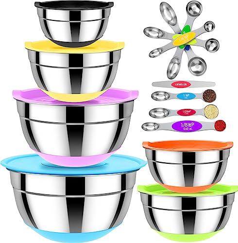 Naitesen 23Pcs Mixing Bowls With Lids Set, Stainless Steel Metal Nesting Bowls 6, 3, 2.5, 2, 1.5, 1Qt With Magnetic Measuring Spoons For Cooking Baking Supplies Kitchen Essentials Tools #TOP4