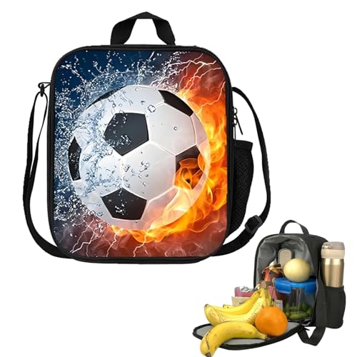 XMSHYODSM Football Lunch Box Bag, 3D Football Insulated Lunch Bag, Insulated Lunchs Bag for Kids Boys Girls Reusable Cooler Warm Lunchs Box with Drink Bottle Holder for School Picnic Travel Hiking