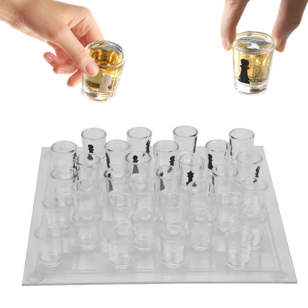 Pessrrtewg Clear Shot Glass Chess Set,10x10 Inch Glass Chess Board with 32PCS Cups Pieces,Drinking Shot Chess Set, Funny Chess Sets for Adults,for Game Nights, Drinking Games,Parties,Travel,Camping