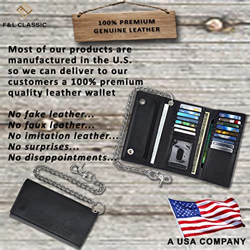 Image of F&L CLASSIC RFID Blocking Mens Tri-fold Long Style Cowhide Leather Steel Chain Wallet,Black