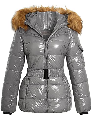 SS7 Femme Doudoune en Vinyle Effet mouillé avec Fausse Fourrure