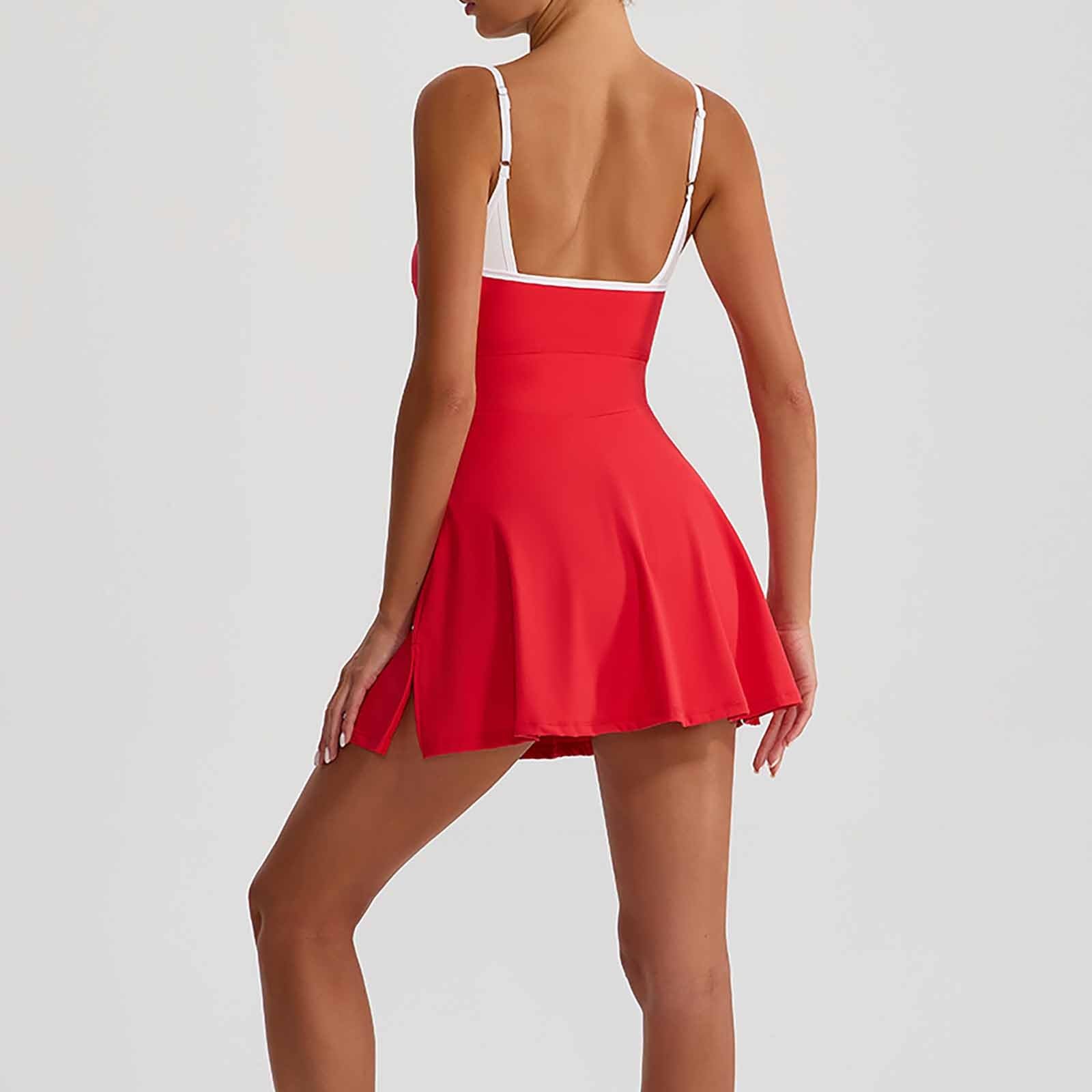 Robe de Tennis décontractée pour Femme avec Soutien-Gorge intégré Bretelles réglables Dos légère Respirante Poches Shorty -Transparent idéale Sport Yoga Quotidien été Confortable (Red, S)