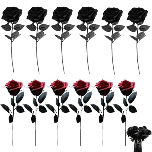 DtgEcd 12Pcs Black Artificial Rose Flowers, 6 Black and 6 Burgundy Roses, Gothic Wedding Bouquet, Home and Office Decor, Photography Props, 36cm Long Stems