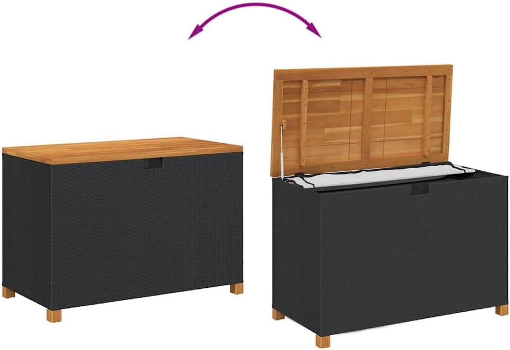 vidaXL Patio Storage Box/Bench Seat - Black Poly Rattan & Acacia Wood, for Garden/Patio, 43.3"x21.7"x24.8" - Weather w/Waterproof Bag