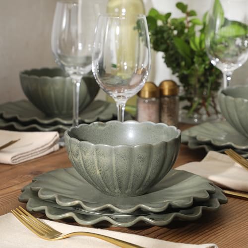 Image of Gibson Elite Bistro Fleur Plates and Bowls Sets, 12-Piece Stoneware Dinnerware Set for 4, Matte Green Scalloped Dish Set with Dinner Plates, Salad Plates & Bowls