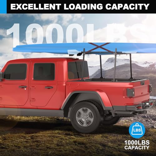 Truck Ladder Racks 1000Ibs Capacity Extendable Pick-Up Ladder Rack Universal Truck Bed Ladder Rack Heavy Duty Steel Non-Drilling for Kayak, Surfboard, Lumber, Ladder