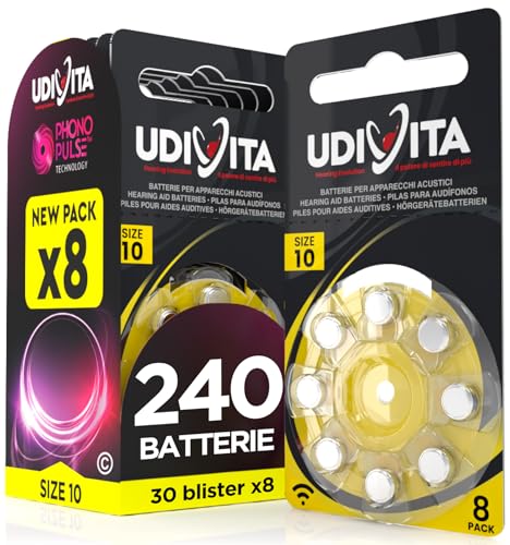 240 Batterie Per Apparecchi Acustici Auricolari Udivita PR70 Misura 10 (Gialle) Tecnologia Phono Pulse - 30 Blister da 8 Pile