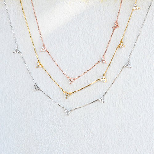 Espere Sterling Silver Triple Cubic Zircon Stones Cluster Choker Chain Necklace 14-16 Inch, 3 Colors Available (Yellow Gold) #TOP6