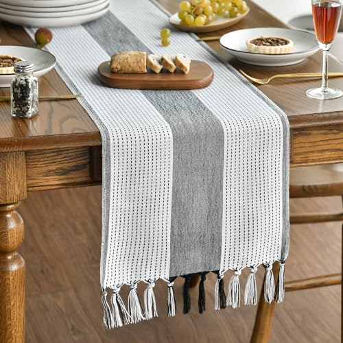 Artoid Mode Camino de mesa bohemio, gris, estilo rústico, estilo granja, borlas, lavable, decoración de mesa, fiesta, cumpleaños, boda, decoración, 33 x 183 cm