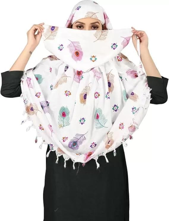 Pure Cotton Female Long Scarf Cum Mask With Sun Protection Cover Face Mask Scarves Stylish Universal Size Usable Dupatto Vehicle Driver Sunlight Uv Protection For Girls & Women(White Feather)-image-49