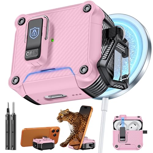 Image of Inesore for AirPods 4 Case with Secure Lock (Pink) | Phone Stand Design,Compatible with MagSafe,Automatic Snap Switch Secure Cover Carbon Fiber Texture with Cleaner Kit