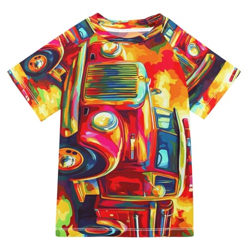 Boys Short Sleeve T-Shirts Fire Engine Truck Doodle Rashguard Kids Swim Shirts Sun UPF 50+ Multicoloured