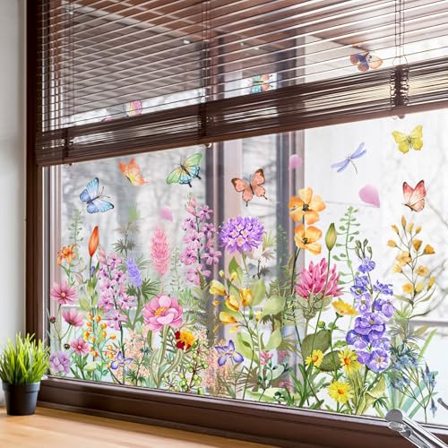 Mirbuy Wildflower Butterfly Window Decals, Colorful Garden Floral Window Clings for Home Decor