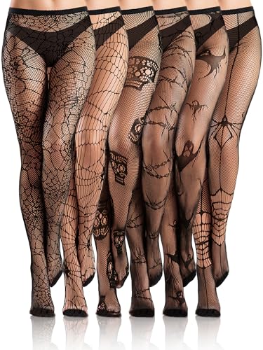 Ramede 6 Pairs Halloween Fishnet Thigh High Stockings Lace Tights Patterned Goth Fishnet Legging Web Pantyhose for Women