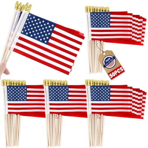 50 PCS Small American Flags on Stick, 4 x 6 Inches 4th of July Decorations, Tear Resistant Patriotic USA Flag Fourth of July Flags, Anti Wrinkle Handheld Patriotic Decor for USA 250th Anniversary Veterans Day Parade