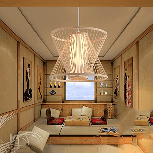 Lampes suspendues de plafond en rotin à base E26/E27, structure ajourée rétro en bambou