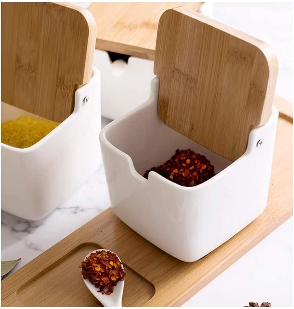 Creativity Barattoli per spezie in Ceramica Zuccheriera Contenitori per Alimenti con Cucchiaio e Coperchio in Legno per Cucina Domestica-Singolo