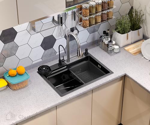 Image of CLUSTER Nano Coating 304 Grade Stainless Steel Single Bowl Handmade Kitchen Sink With Waterfall Pull-Out Faucet, Soap Dispenser, Ro Faucet, Cup Washer, and Fruit Basket, 24x18x9 Inches