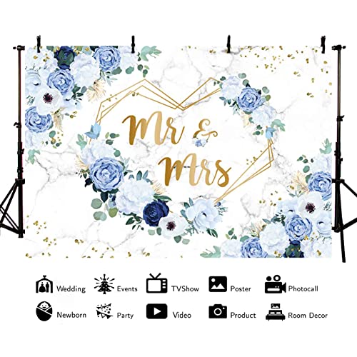 Aibiin 7X5Ft Mr And Mrs Floral Backdrop For Bridal Shower Blue And White Flowers Photography Background Hearts Geometric Couple Wedding Party Decorations Bride To Be Engagement Banner Props #TOP2