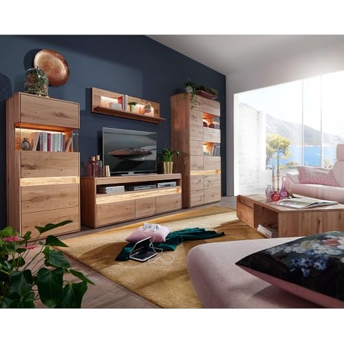Lomadox Wohnwand Wohnmöbel Set Eiche massiv geölt mit Couchtisch, Highboard, Wandboard, Lowboard, Vitrine & LED-Beleuchtung, 5-teilig - Echtholz/Massivholz, Softclose, grifflos
