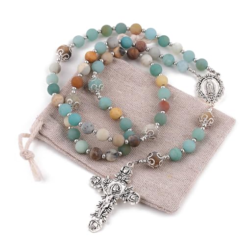 8mm Natural Stone Amazonite Beads Rosary with Caps Guadalupe Medal and Pardon Rose Crucifix
