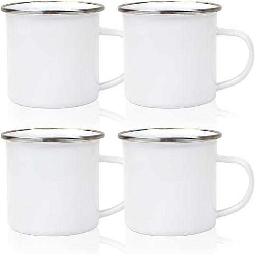 4 tazas de esmalte blanco en blanco de sublimación de 12 onzas con borde plateado, taza de café de viaje para campamento, se puede utilizar como