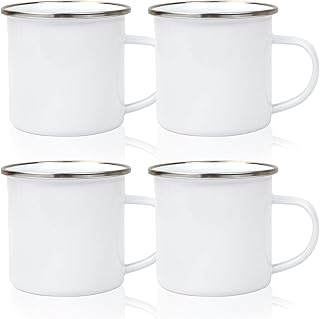 MAIKESUB 4 Pcs Sublimation Blank White Enamel Mug 12 OZ with Silver Rim Camping Travel Coffee Metal Mug Can be used as a g...