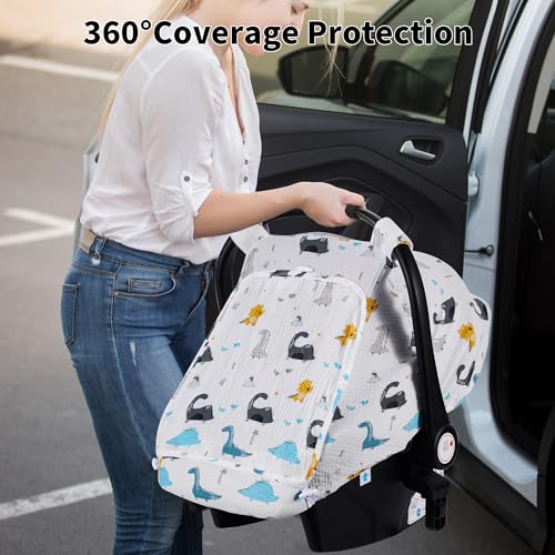 Image of Rquite Car Seat Cover Baby, Carseat Covers Girl Boy, Breathable Muslin Cotton, Large Mesh Window, Infant Car Seat Canopy Baby Carrier Cover Stroller Sun Shade for Summer & Hot Day