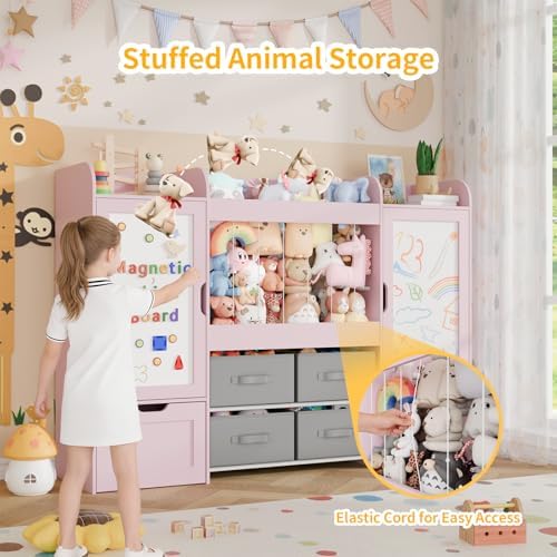 61" W Toy Organizer, Kids Bookshelf with 122L Stuffed Animal Storage, 2 Magnetic Drawing Boards, and 2 Movable Rolling Drawers, 4 Storage Bins, Large Wooden Shelf for Girls/Boys Room Organization - 4