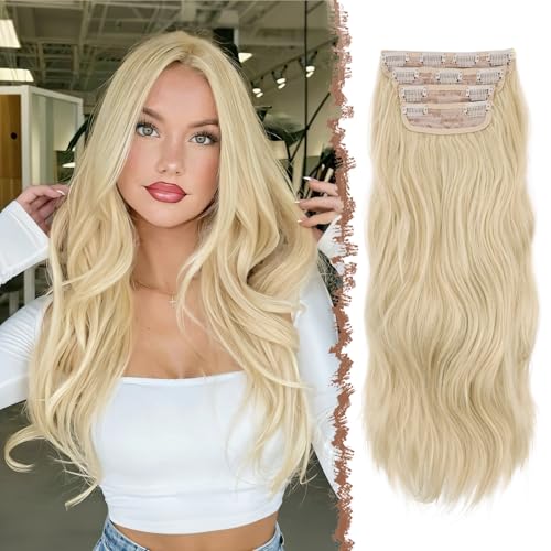 FESHFEN Extension Capelli a Clip - 4 pezzi Lunga Ricci Ondulati Sintetici Naturali Posticci Capelli Extension con Clip per Donna, 50 cm Biondo Platino