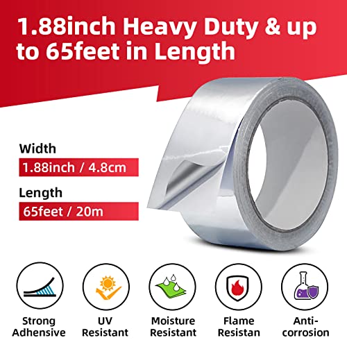 AggSound 3.9mil Aluminum Foil Tape 1.88inch x 65FT (21.6Yard) - Adhesive Metal Heat Resistant Silver Duct Tape Heavy Duty for Ductwork & Air Conditioner & Dryer Vent & Insulation & HVAC & Window Seal