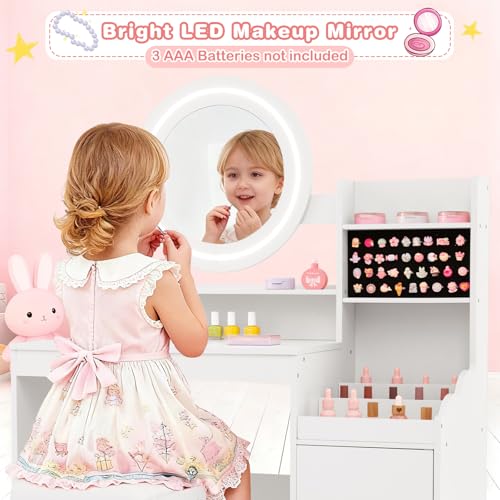 Image of INFANS Kids Vanity with Lights, Princess Makeup Desk with Mirror Storage Shelves, Toddler Table and Chair Set Pretend Play for Girls Aged 4-9 (Cream White)