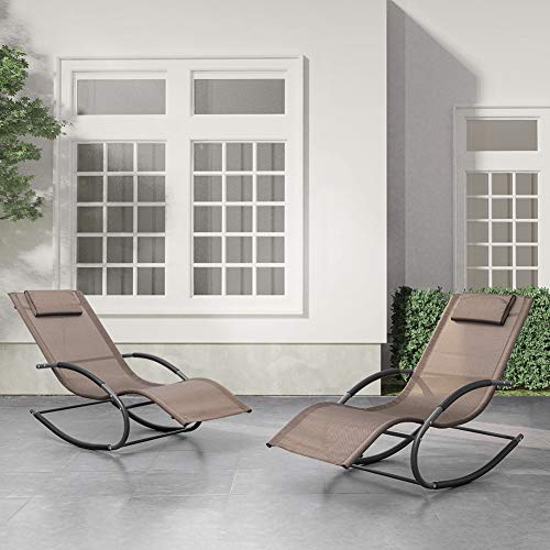Crestlive Products Patio Rocking Chair Curved Rocker Chaise Lounge Chair with Pillow for Beach Yard Pool Outdoor Indoor, Gray Steel Frame (2 PCS Brown)