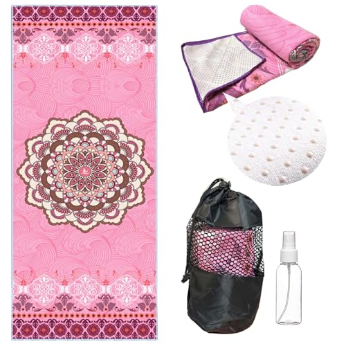 Misforu Non Slip Hot Yoga Towel with Non-Slip Grip Dot for Hot Yoga, Pilates Fitness,Sweat,Bikram,Workout + Free Spray Bottle,Portable Mesh Bag Yoga Towel (Pink)