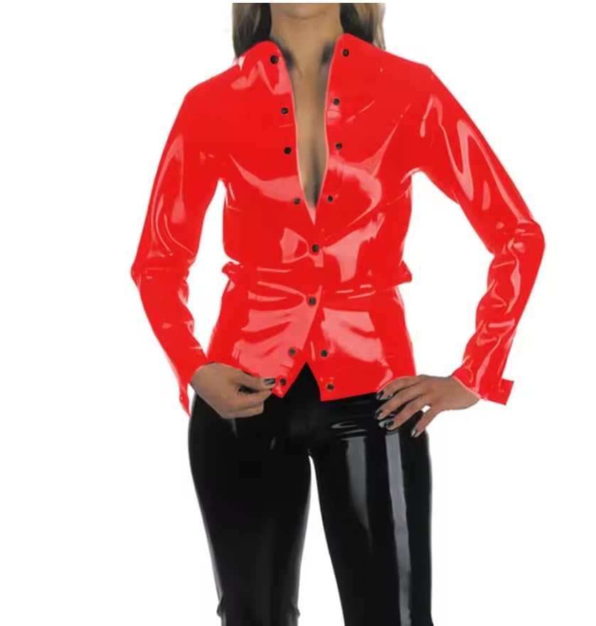 Blusa de manga larga para mujer, estilo informal, con cuello vuelto, para fiesta, PVC, ropa de oficina, personalizable