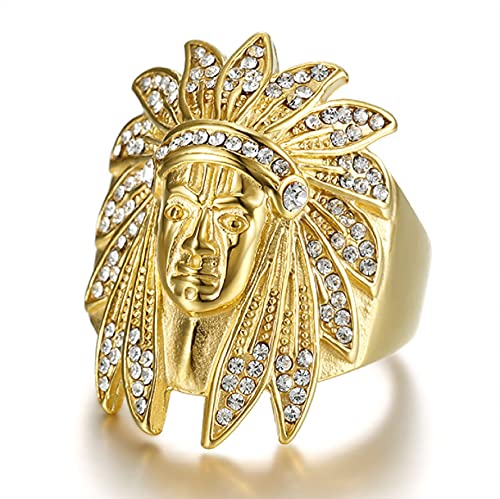 MayiaHey Native American Indian Chief Head Ring for Men, Stainless Steel Iced Out Indian Chief Head Biker Ring Vintage Tribal Chief Head Ring (9)