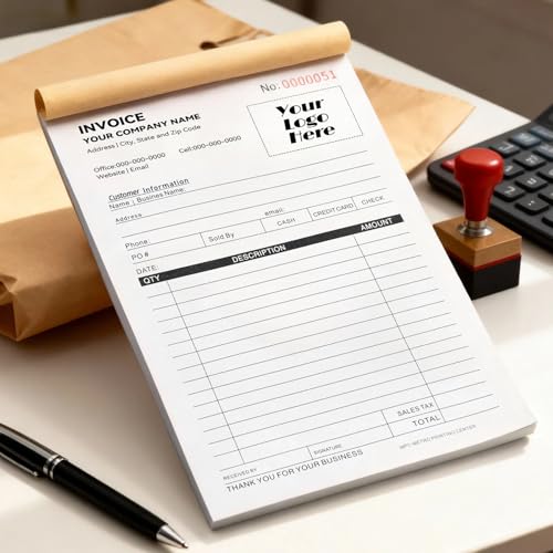 Custom Invoice Book with Logo, 100 Sets Personalized Receipt Books, 5.7\" x 8.5\" Carbonless Duplicate Invoice Forms, NCR Receipt Book with Carbon Copies for Small Business (2-Part)