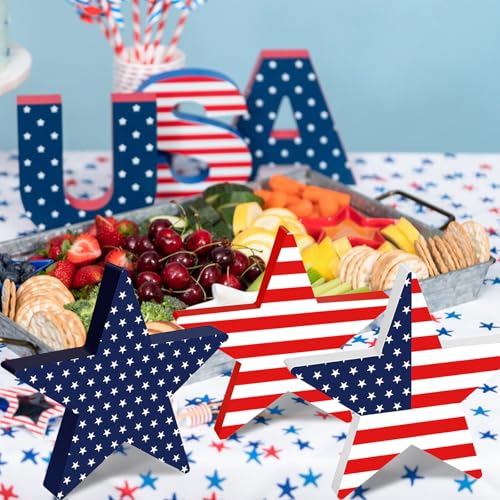 Labor Day Decorations 3Pcs Wooden Star Signs Red White and Blue Decorations Double Sided Freestanding Wood Star Blocks for Labor Day Decorations Supplies