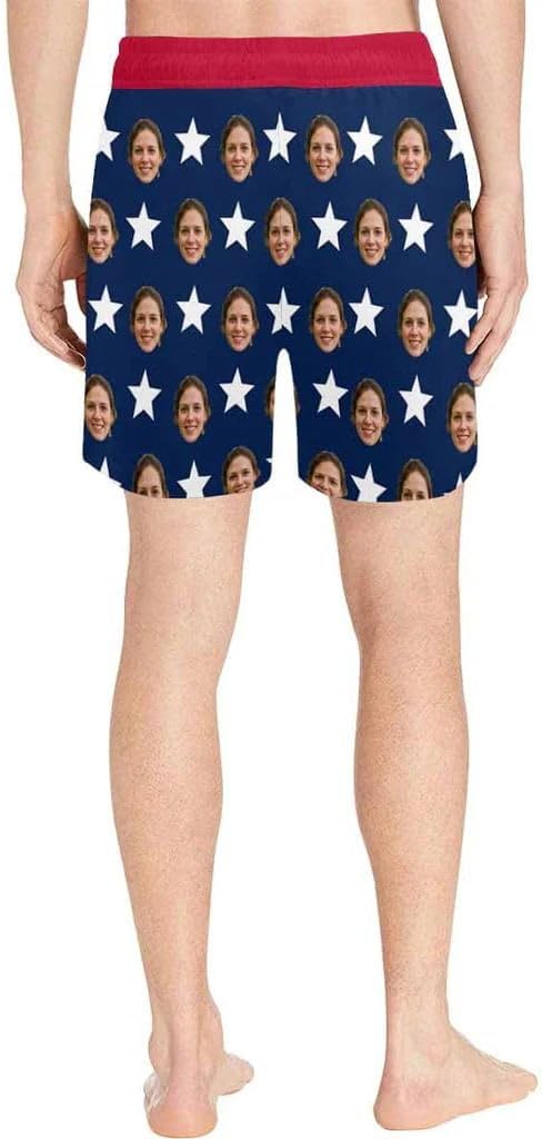 Personalized Men's Swim Trunks, Custom Face American Flag Swimming Trunks Quick Dry Swim Shorts Swimwear Print Beach Swimsuit