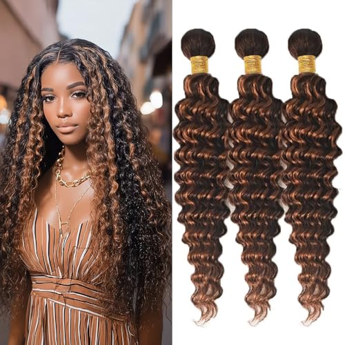 Dokksiiia Highlight Deep Wave Human Hair Bundles P1B301B & 30 Piano Color Mix Deep Curly Weave Double Weft Brazilian Human Hair Sew-In Extensions 14 16 18 Inch Soft & Thick