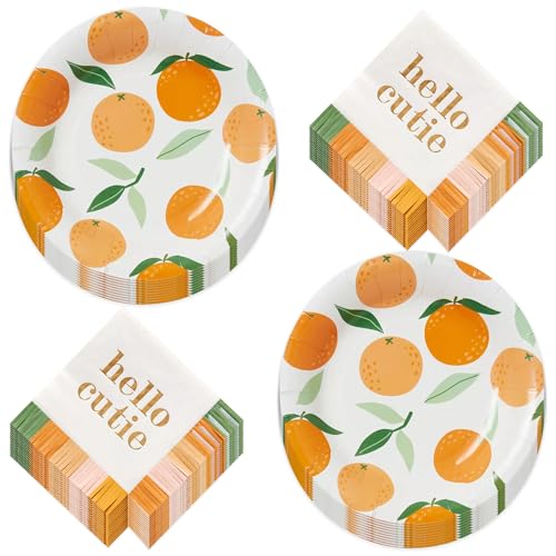 HOME & HOOPLA Little Cutie Clementine Orange Citrus Party Paper Dessert Plates and Deluxe Fringe Napkins (Serves 16)