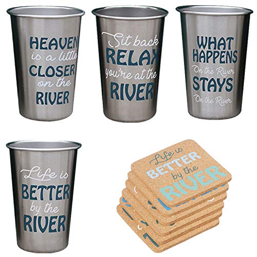 Stainless Steel Drinking Glasses River Life Sayings Glassware Set and Drink Coaster Set Life Is Better By The River, Whatever Happens At The River Stays The River