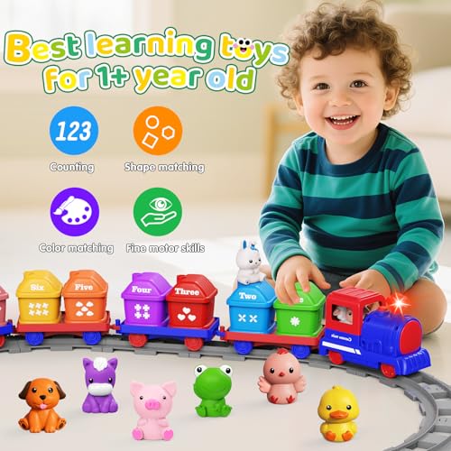 Meytccve Train éducatif électrique 3-en-1 Pour 1-3 Ans - Ferme, Animaux, Marionnettes à Doigts, Montessori