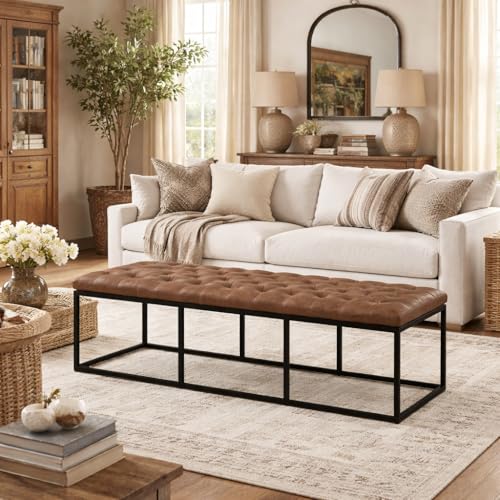 Image of HomePop 58 inch Large Upholstered Bench - Light Brown PU Leather