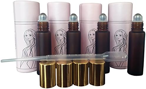 10ml Empty Amber Frost Rollerball Bottle for Essential Oils, Perfume and Medicinal Blends in a Pack of 4. Each Bottle Comes in a Custom Made Pink Case Ideal for Gifts.