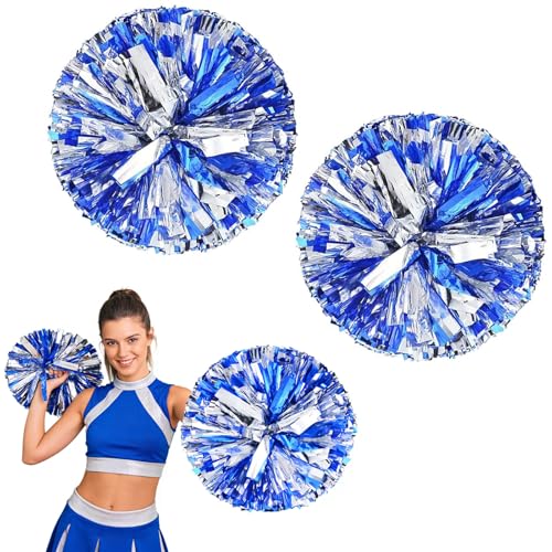 2 Piece Blue Mixed Silver Pompoms Cheerleading Four Finger Grip Design