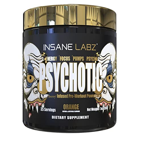Insane Labz Psychotic Gold, High Stimulant Pre Workout Powder, Extreme Lasting Energy Focus, Pumps and Endurance with Beta Alanine, DMAE Bitartrate, NO Booster (35 Servings, Orange)